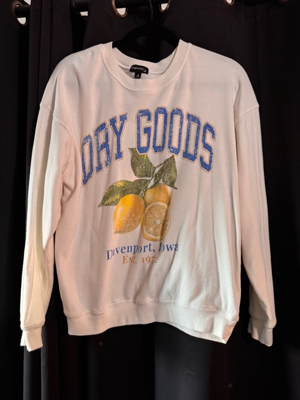 Dry Goods Cream Sweatshirt with Blue Logo and Yellow Lemon Graphic